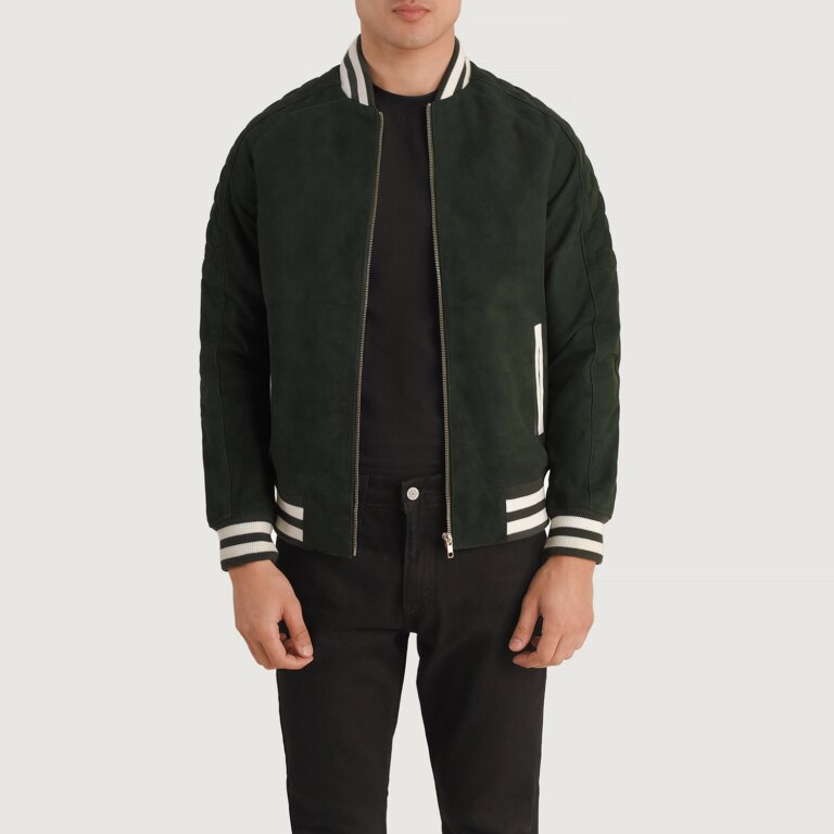 Mens Pascal Green Suede Varsity Jacket Open Front-4-1704185864851